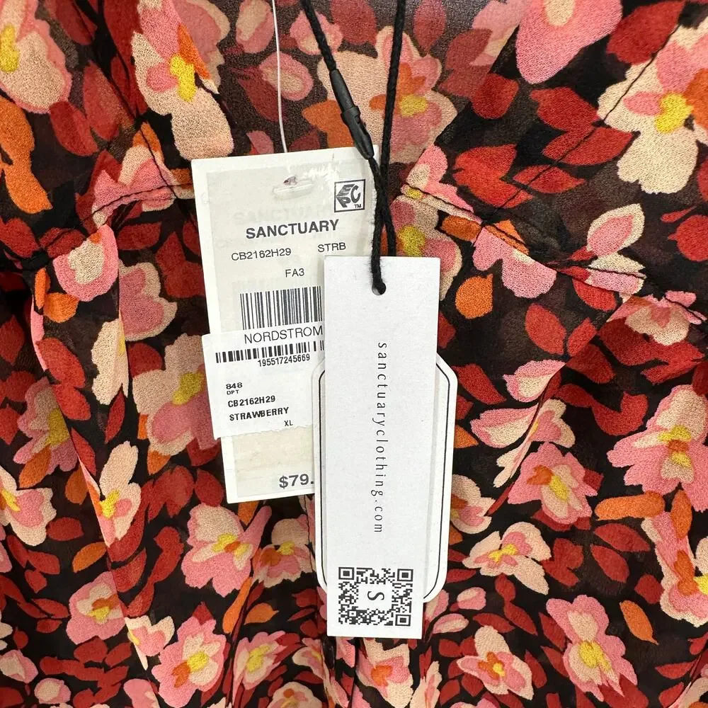 SANCTUARY NWT Tie Neck Floral Ruffle Blouse in Strawberry Fields // XL - Picture 6 of 14